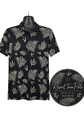 TravisMathew Resort Town Polo Mens XL Black Palm Leaf Print Golf Shirt 1MZ119
